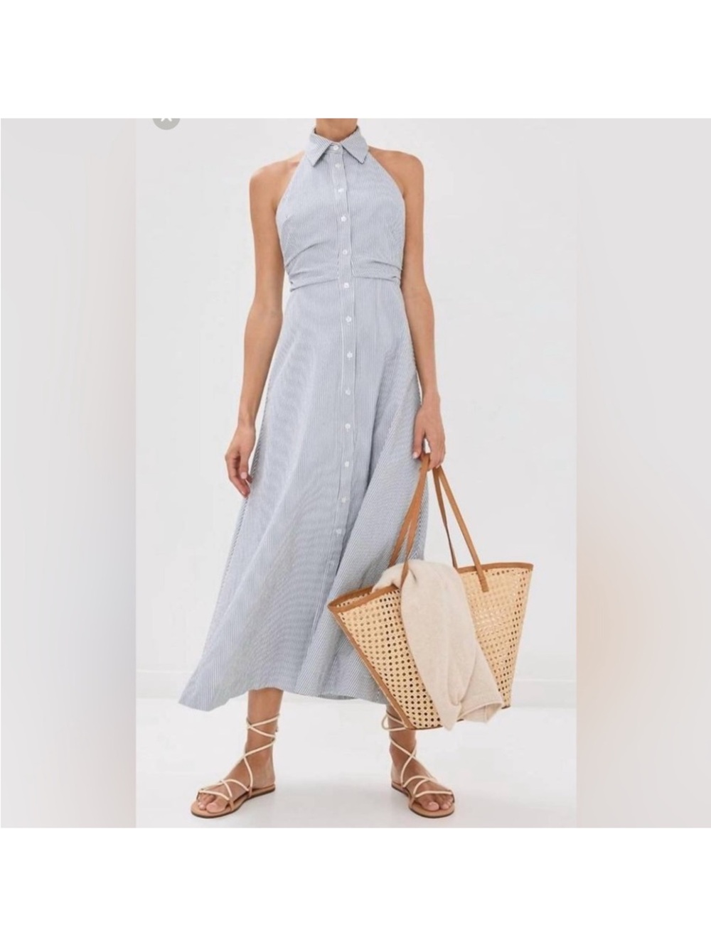 Veronica Beard Light Blue Halter Button-Front Maxi Dress